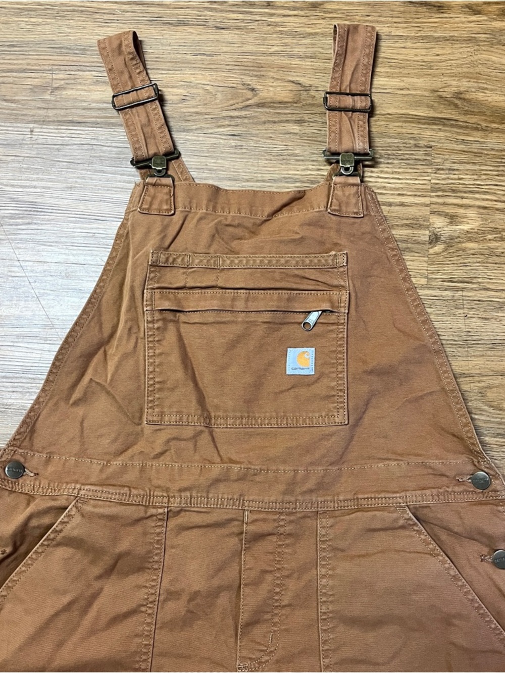 Womens Carhartt Rugged Flex Relaxed Fit Canvas Brown Shortalls Overalls Large - Picture 2 of 10